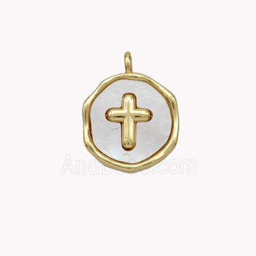 Copper Cross Pendant Pave Shell Circle Gold Plated