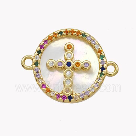 Copper Cross Connector Pave Shell Zirconia Circle 18K Gold Plated