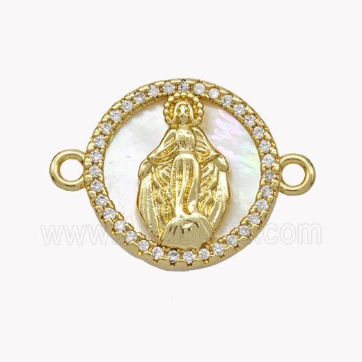 Copper Virgin Mary Connector Pave Shell Zirconia Circle 18K Gold Plated