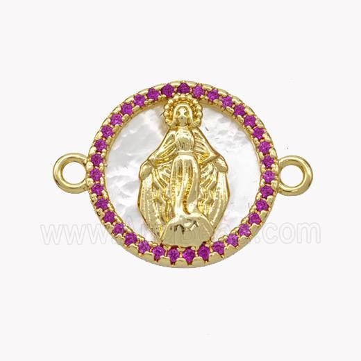 Copper Virgin Mary Connector Pave Shell Zirconia Circle 18K Gold Plated