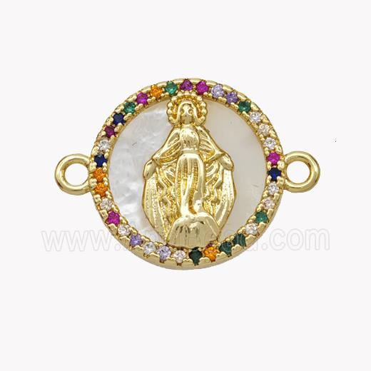 Copper Virgin Mary Connector Pave Shell Zirconia Circle 18K Gold Plated