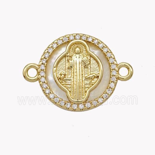 Copper Saint Jude Connector Pave Shell Zirconia Circle 18K Gold Plated