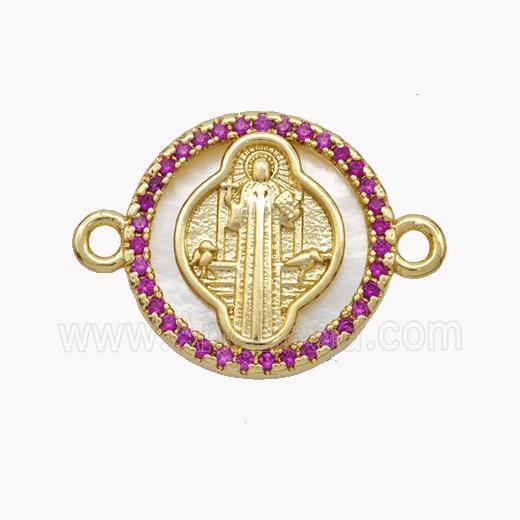 Copper Saint Jude Connector Pave Shell Zirconia Circle 18K Gold Plated