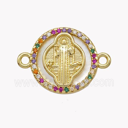 Copper Saint Jude Connector Pave Shell Zirconia Circle 18K Gold Plated