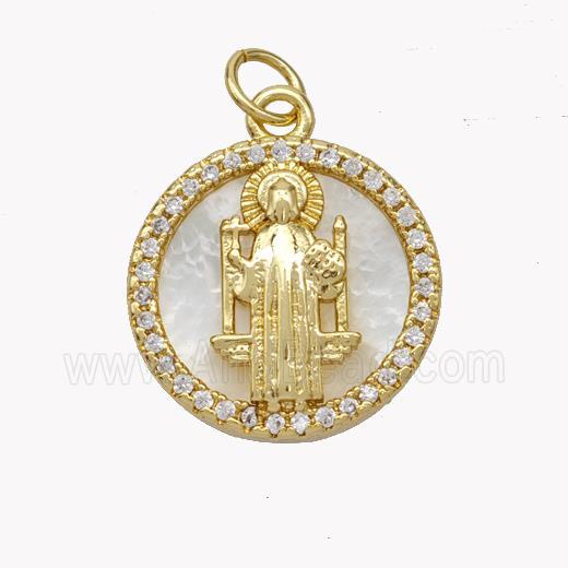 Copper Saint Jude Pendant Pave Shell Zirconia Circle 18K Gold Plated