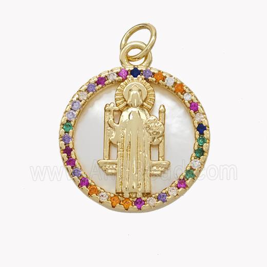 Copper Saint Jude Pendant Pave Shell Zirconia Circle 18K Gold Plated