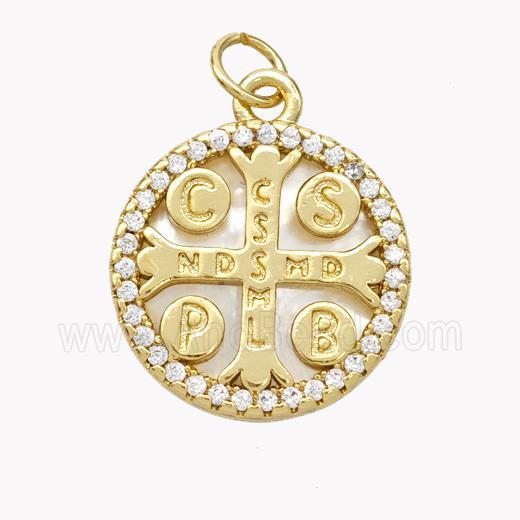 Saint Bendict Charms Copper Cross Pendant Pave Shell Zirconia CSSML NDSMD 18K Gold Plated