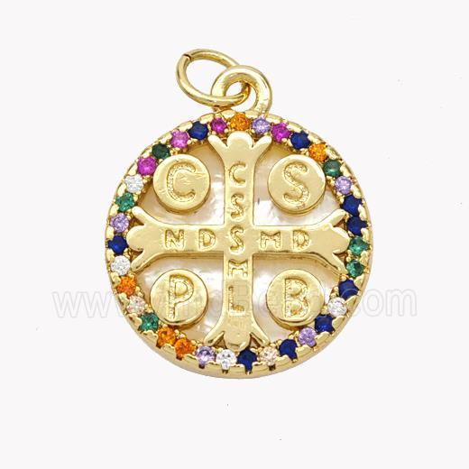 Saint Bendict Charms Copper Cross Pendant Pave Shell Zirconia CSSML NDSMD 18K Gold Plated