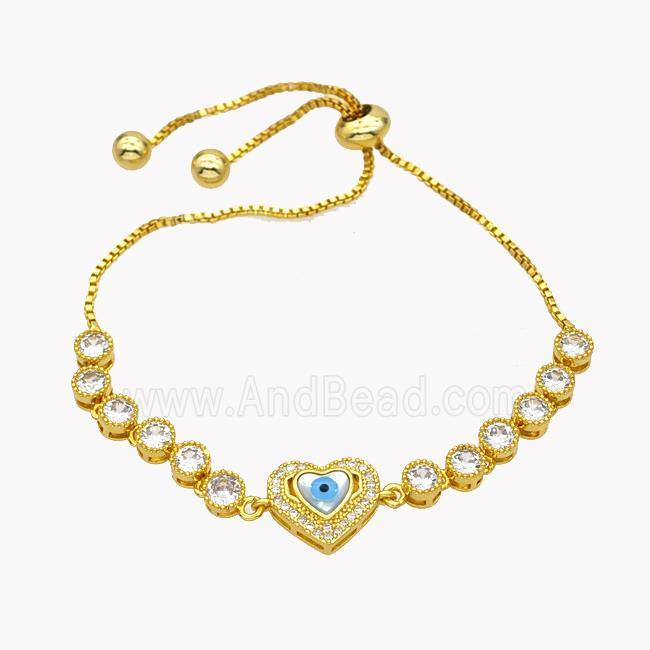 Copper Eveil Eye Heart Bracelet Pave Zirconia Adjustable 18K Gold Plated