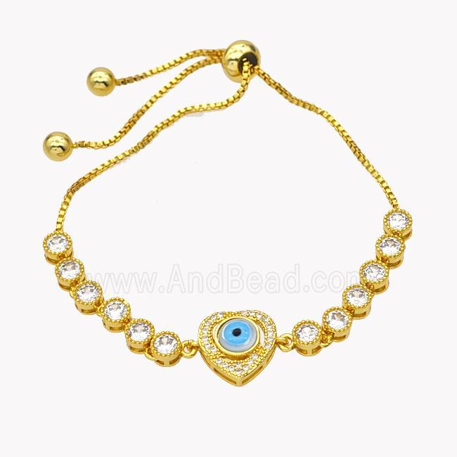 Copper Eveil Eye Heart Bracelet Pave Zirconia Adjustable 18K Gold Plated