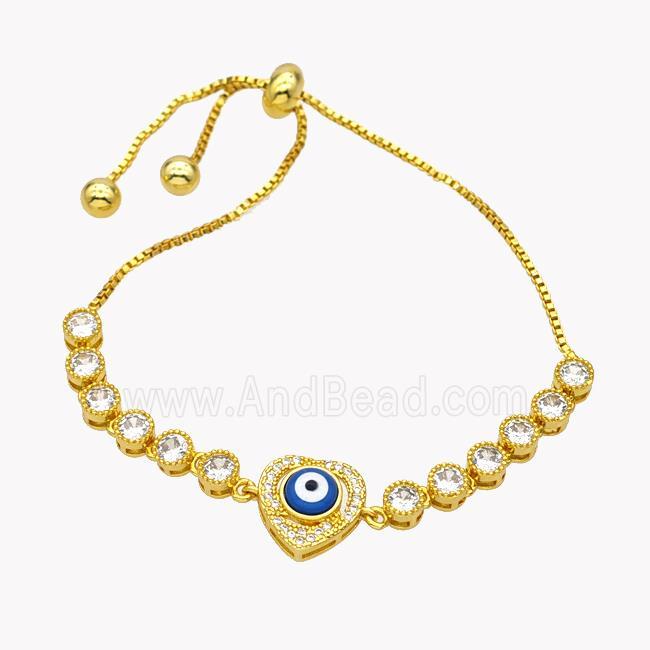 Copper Eveil Eye Heart Bracelet Pave Zirconia Adjustable 18K Gold Plated