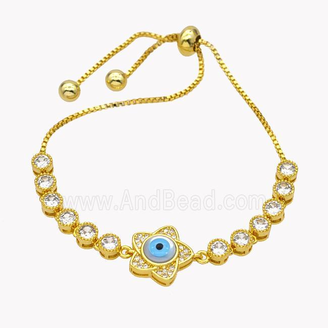 Copper Eveil Eye Flower Bracelet Pave Zirconia Adjustable 18K Gold Plated