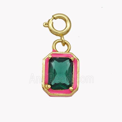 Copper Rectangle Pendant Pave Crystal Glass Red Enamel Gold Plated