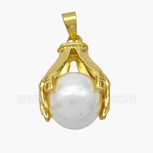 Copper Hand Pendant Pave Pearlized Resin Ball Gold Plated