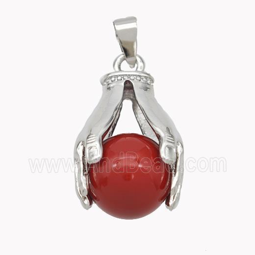 Copper Hand Pendant Pave Pearlized Resin Ball Red Platinum Plated