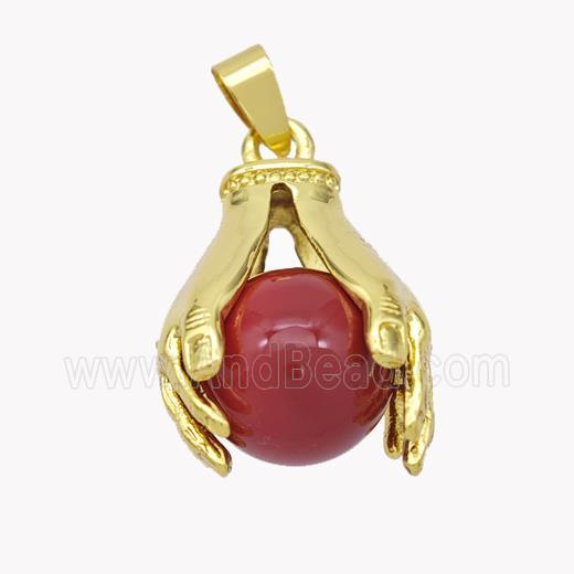 Copper Hand Pendant Pave Pearlized Resin Ball Red Gold Plated