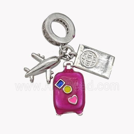 Airplanet and Travel-box Pendant Hotpink Enamel Platinum Plated