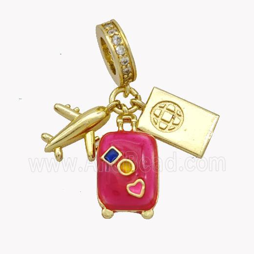 Airplanet and Travel-box Pendant Hotpink Enamel Gold Plated