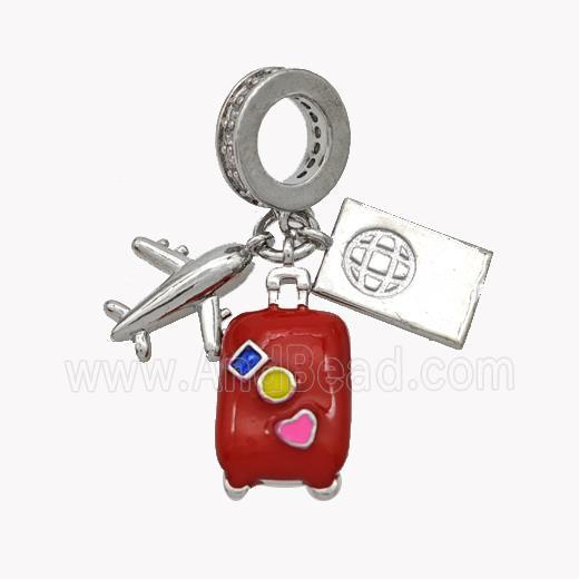 Airplanet and Travel-box Pendant Red Enamel Platinum Plated