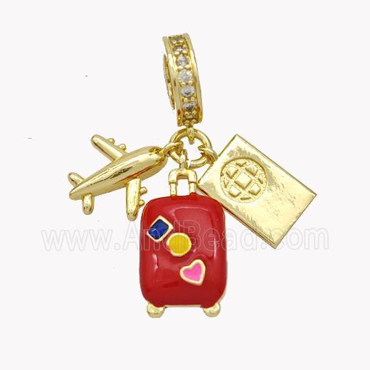 Airplanet and Travel-box Pendant Red Enamel Gold Plated
