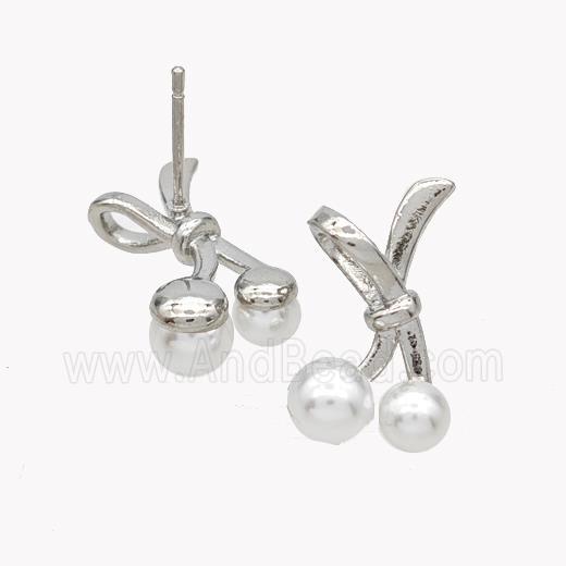 Copper Bowknot Stud Earrings Pave Pearlized Resin Platinum Plated