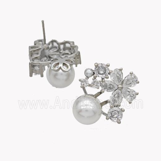 Copper Flower Stud Earrings Pave Pearlized Resin Zirconia Platinum Plated