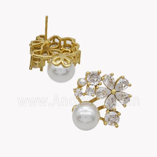 Copper Flower Stud Earrings Pave Pearlized Resin Zirconia Gold Plated