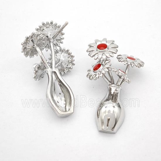 Copper Flower Stud Earrings Red Enamel Plant Platinum Plated