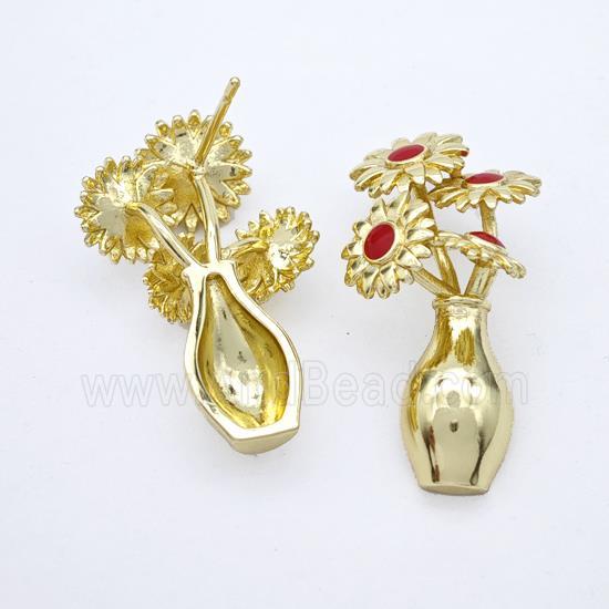 Copper Flower Stud Earrings Red Enamel Plant Gold Plated