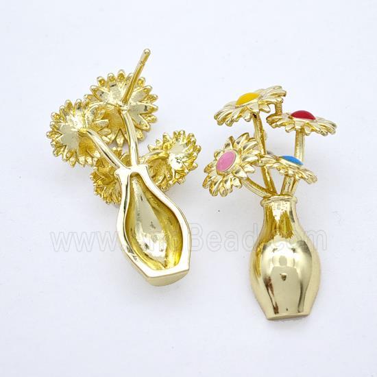Copper Flower Stud Earrings Multicolor Enamel Plant Gold Plated