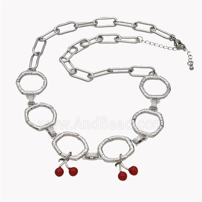 Copper Necklace With Cherry Red Enamel Platinum Plated