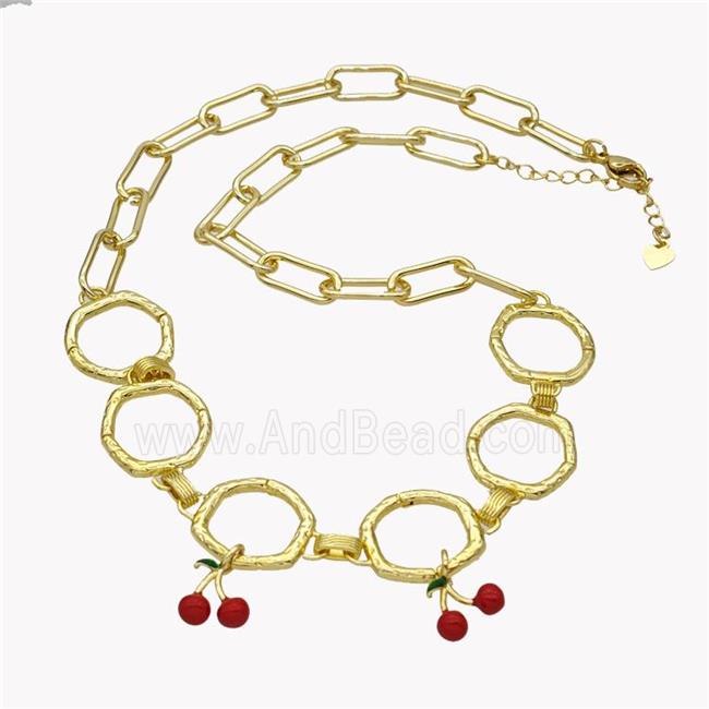 Copper Necklace With Cherry Red Enamel Gold Plated