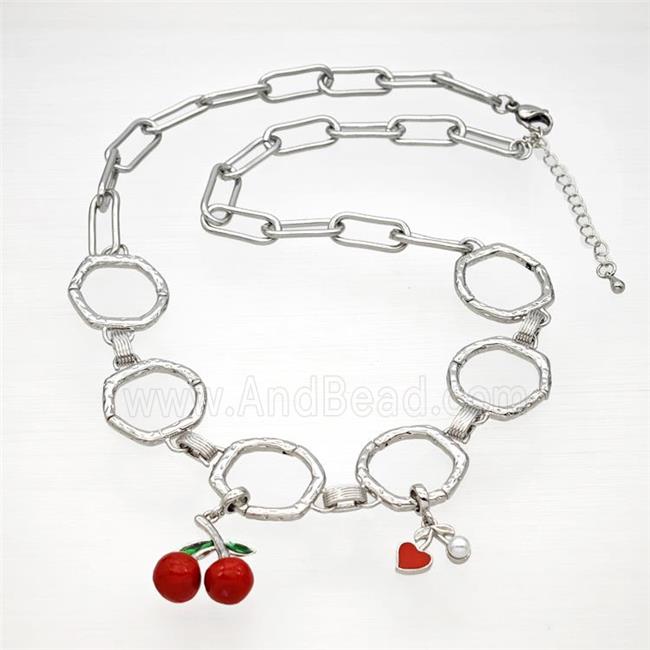 Copper Necklace With Cherry Red Enamel Platinum Plated