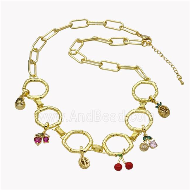 Copper Necklace With Cherry Pave Zirconia Red Enamel Gold Plated