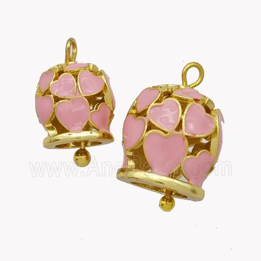Copper Bell Pendant Pink Enamel Heart Gold Plated
