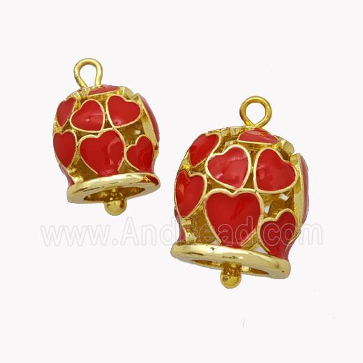 Copper Bell Pendant Red Enamel Heart Gold Plated