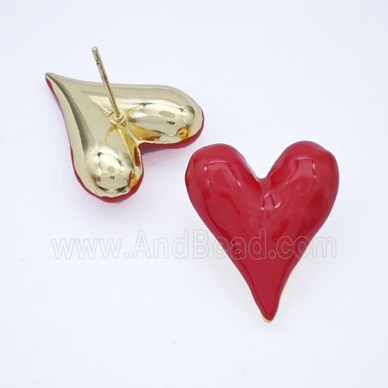 Copper Heart Stud Earrings Red Enamel Gold Plated