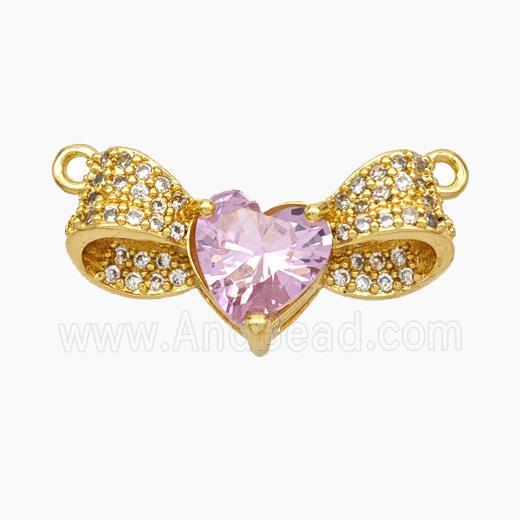 Copper Bow Heart Pendant Pave Pink Crystal Glass Zirconia 2loops Gold Plated