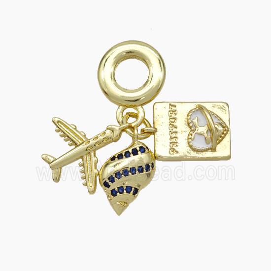 Copper Airplane Passport And Nautilus Shell Pendant Pave Zirconia Enamel Heart Gold Plated