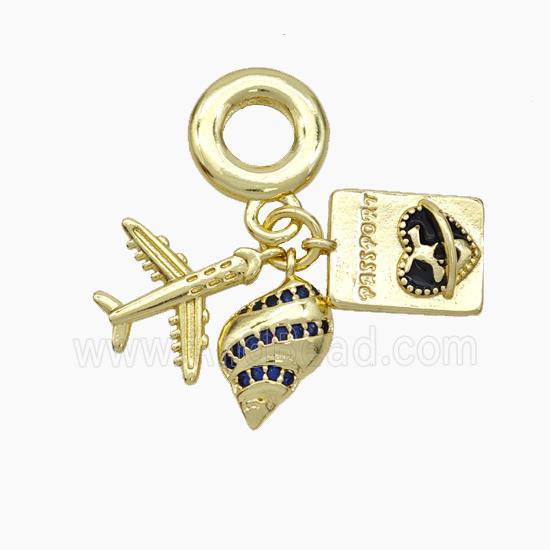 Copper Airplane Passport And Nautilus Shell Pendant Pave Zirconia Enamel Heart Gold Plated