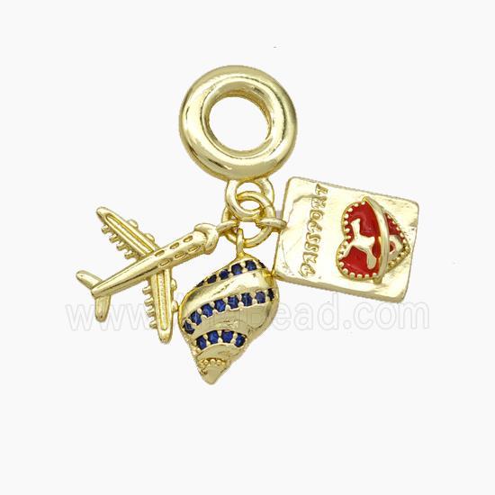 Copper Airplane Passport And Nautilus Shell Pendant Pave Zirconia Enamel Heart Gold Plated