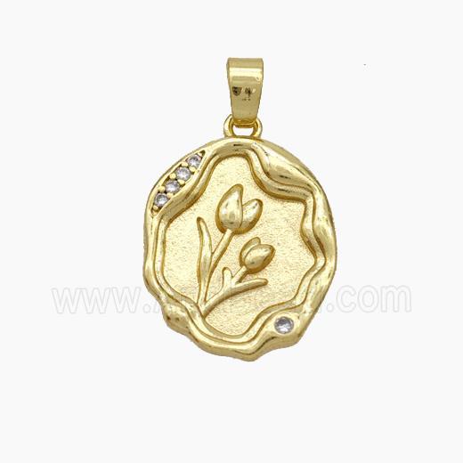 Copper Tulip Pendant Pave Zirconia Flower Gold Plated