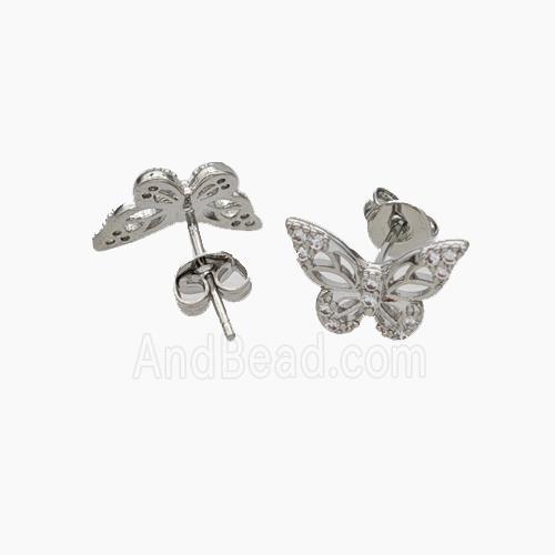 Copper Butterfly Stud Earrings Pave Zirconia Platinum Plated