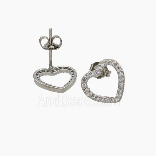 Copper Heart Stud Earrings Pave Zirconia Platinum Plated