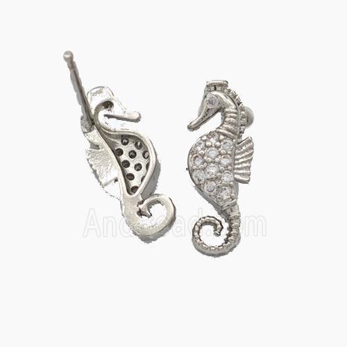 Copper Seahorse Stud Earrings Pave Zirconia Platinum Plated