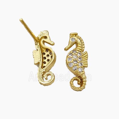 Copper Seahorse Stud Earrings Pave Zirconia Gold Plated