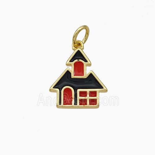 Halloween Castle Charms Copper House Pendant Black Red Enamel Gold Plated