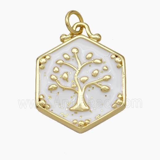 Copper Tree Pendant White Enamel Hexagon Gold Plated
