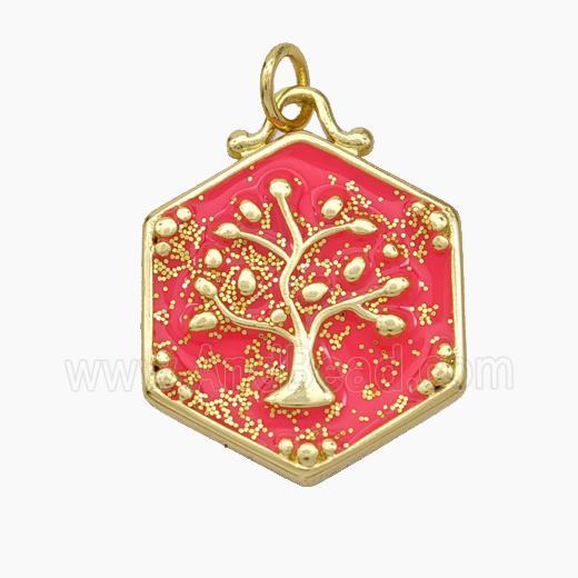 Copper Tree Pendant Red Enamel Hexagon Gold Plated