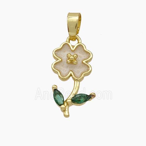 Copper Flower Pendant Pave Zirconia White Enamel Gold Plated
